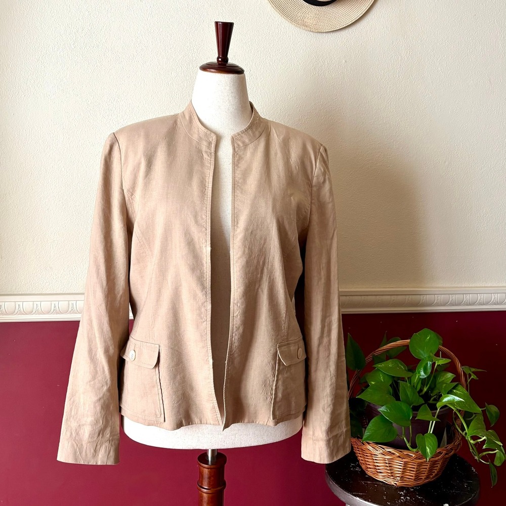 Vintage Talbots Tan Linen Blend Collarless Jacket 14 Italian Fabric Minimalist